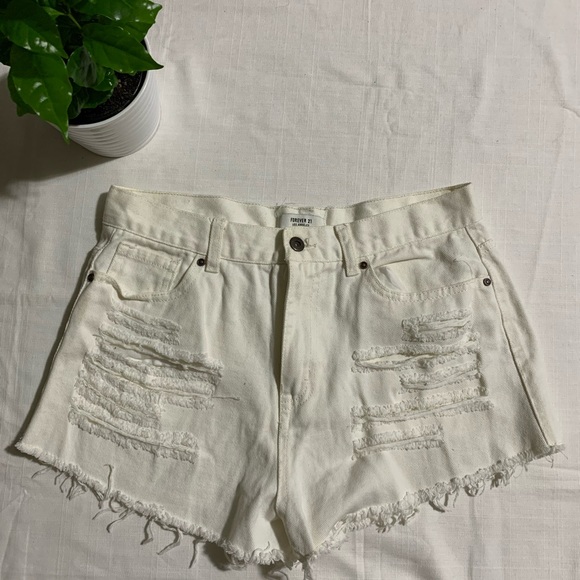 High waisted distressed white denim shorts - Picture 1 of 2